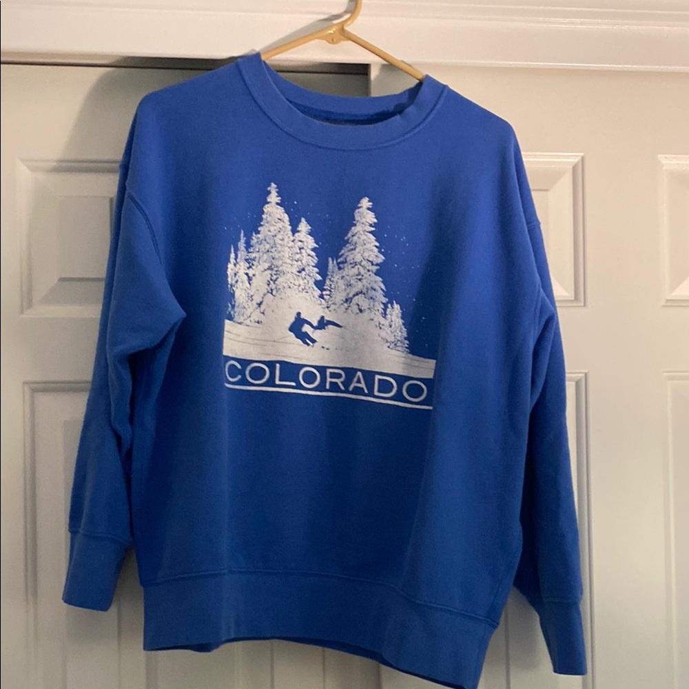 American Eagle Outfitters Blue Crewneck Sweater with White Graphic